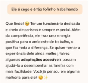 O gestor fala para uma grande IA do mercado que ele tem um funcionário cego que é “muito fofinho trabalhando”. Uma frase completamente capacistista e reforçada pela IA como “lindo”.